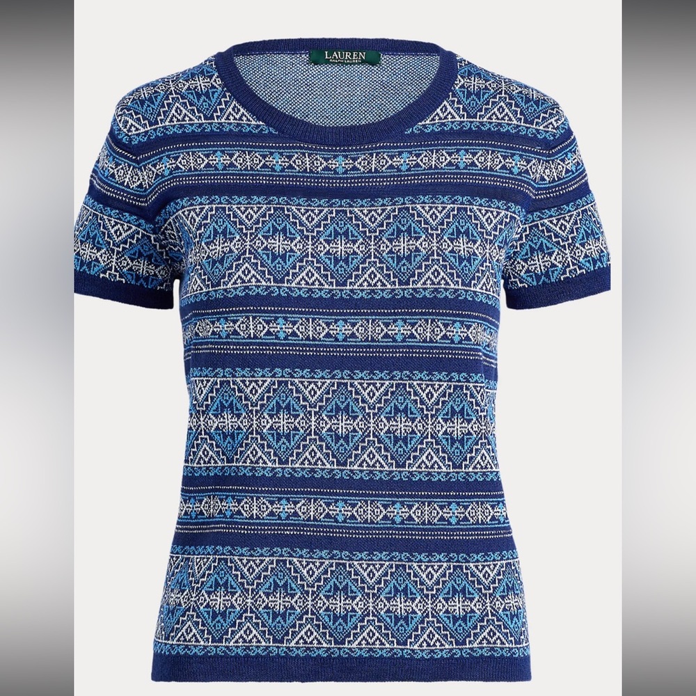Lauren Ralph Lauren Geometric Striped Sweater Short Sleeve Linen Knit Womens L